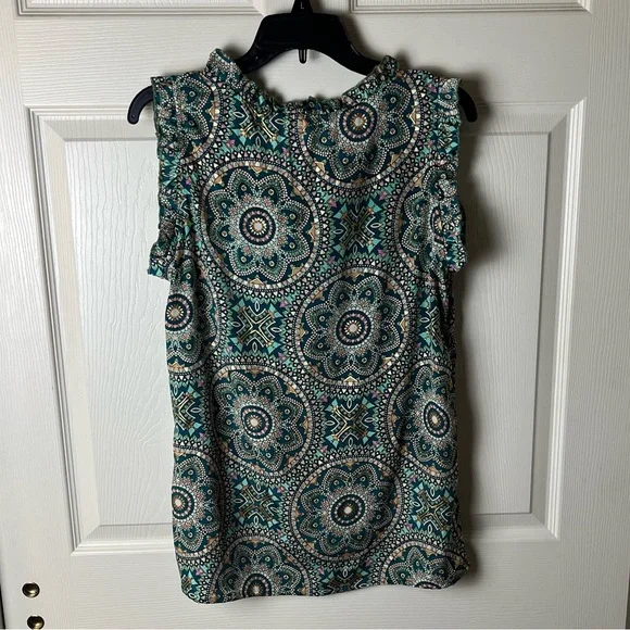 Teal Medallion Ruffle Tie-Neck Sleeveless top - Picture 4 of 4